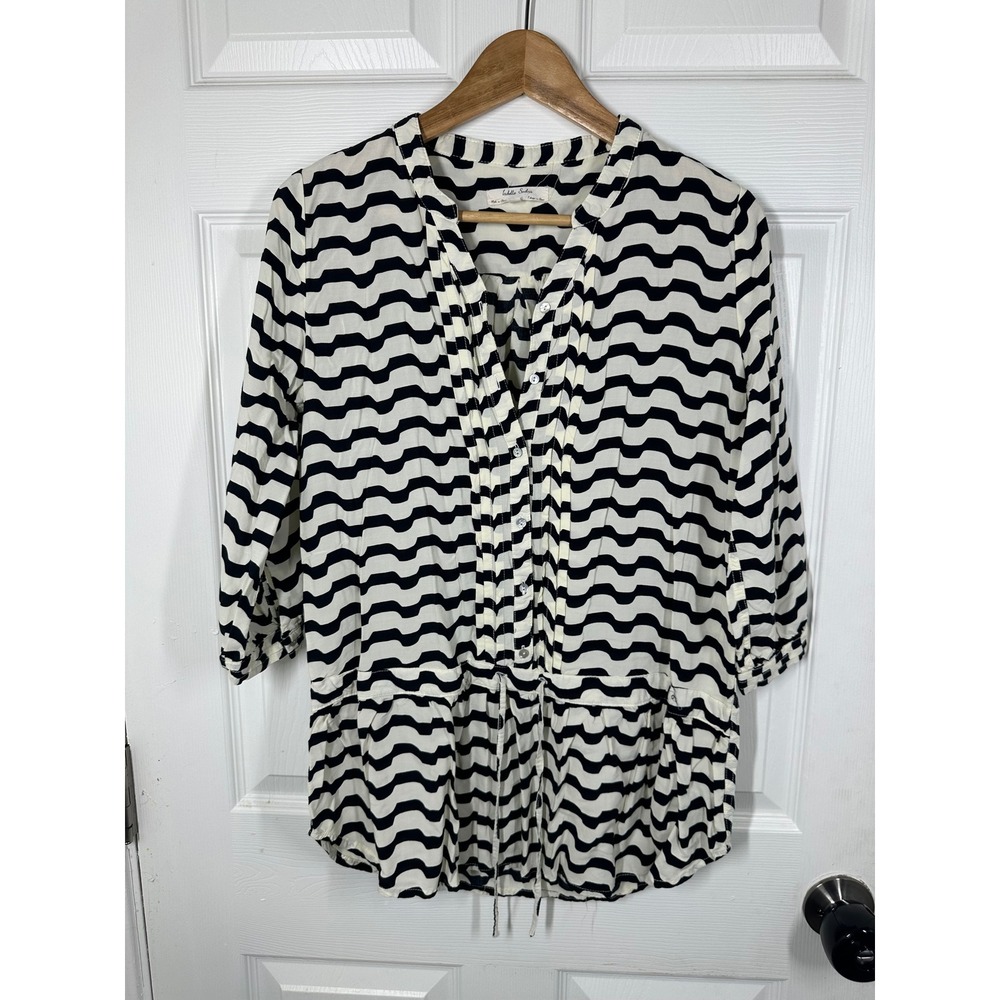 Isabella Sinclair Blouse Womens S Black White Wavy Stripe Drawstring Peplum Top